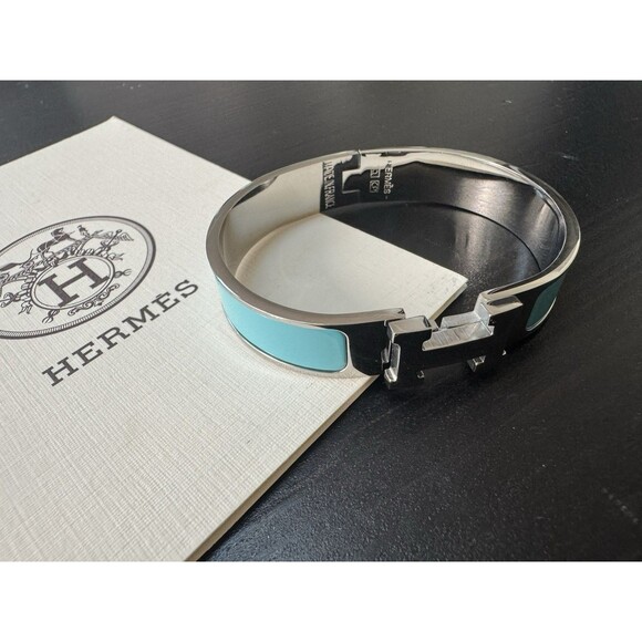 Hermes Clic H Aqua Blue And Silver Hardware Bracelet Cuff - Picture 1 of 14
